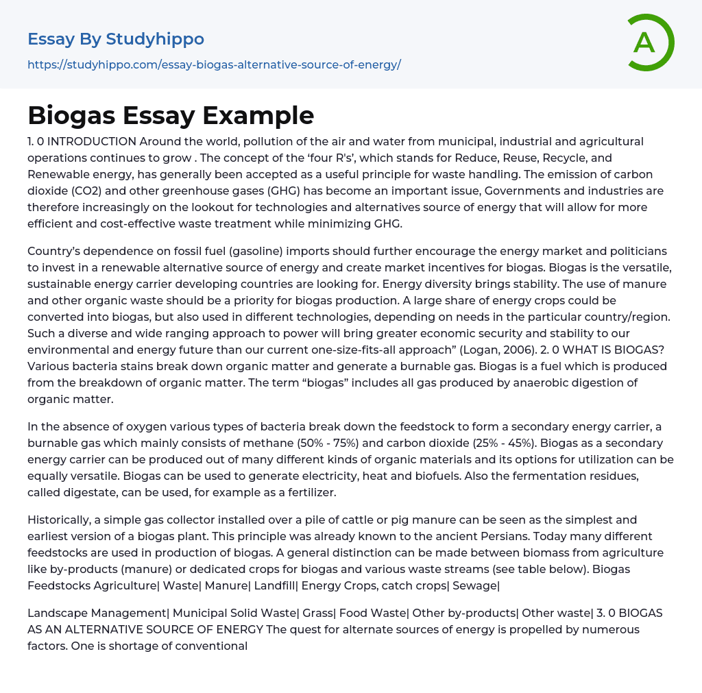 Biogas Essay Example