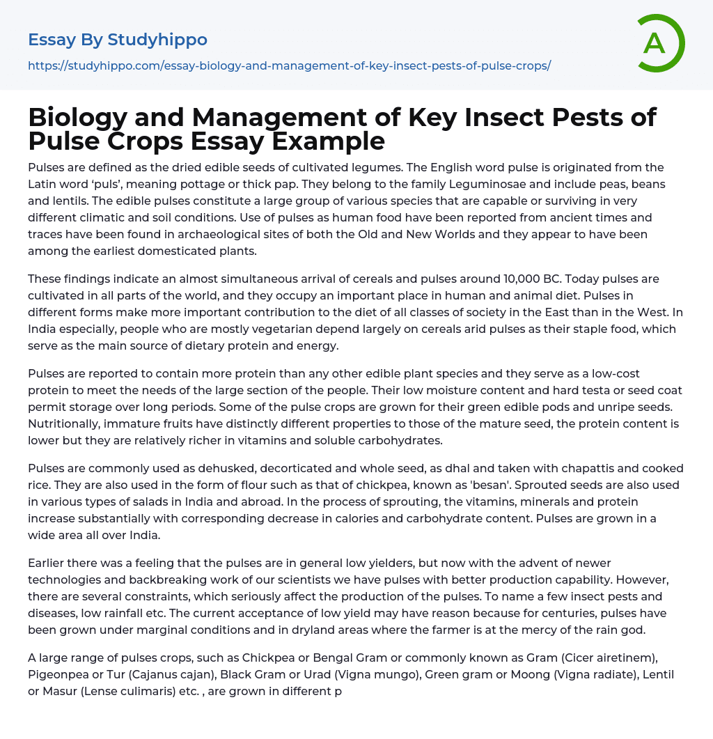 Biology and Management of Key Insect Pests of Pulse Crops Essay Example