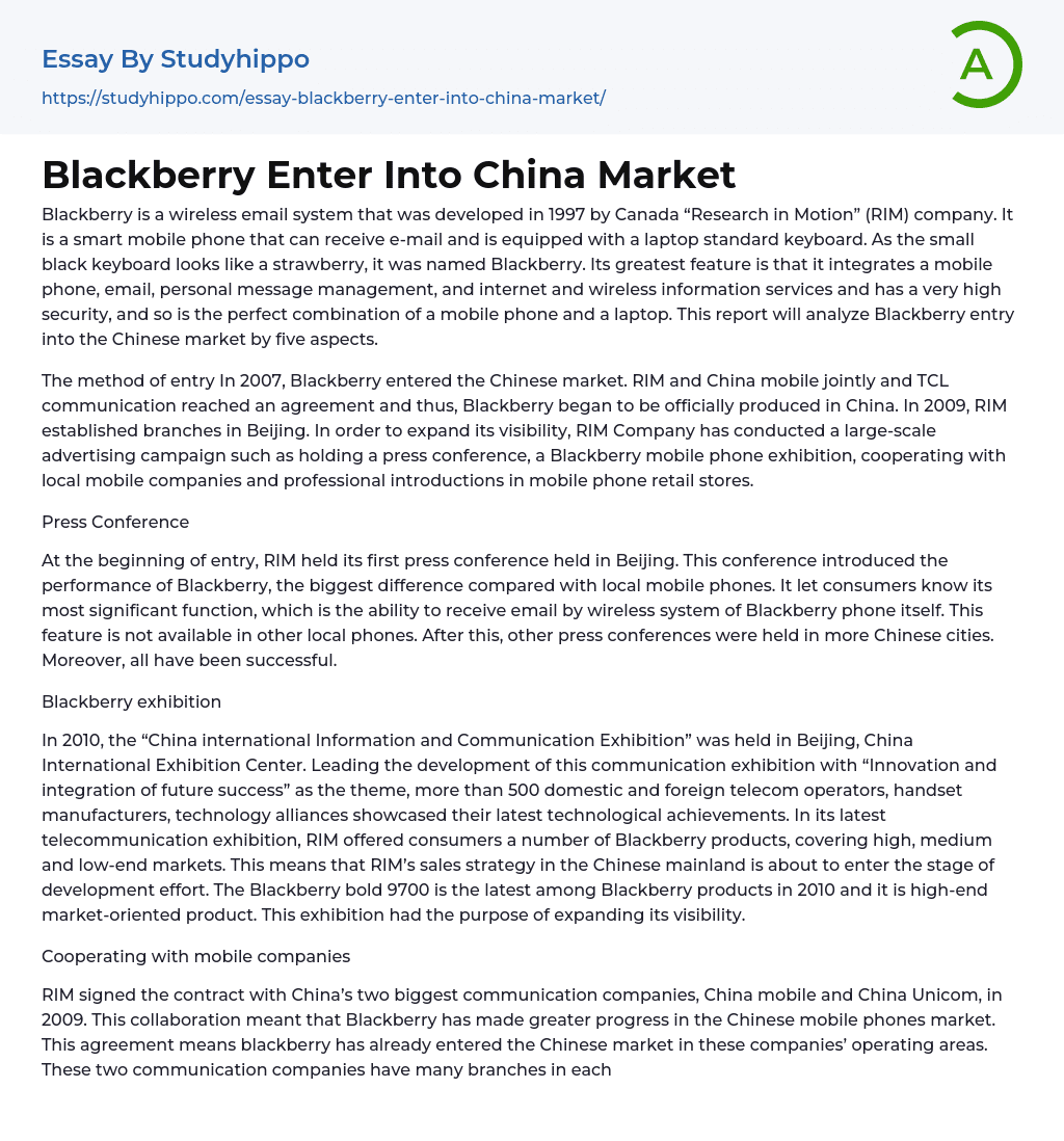 Blackberry Enter Into China Market Essay Example