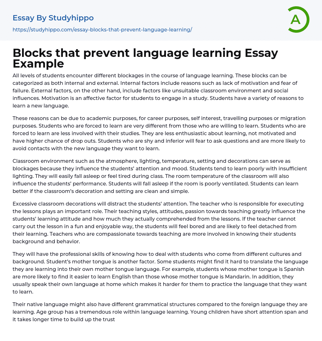Blocks that prevent language learning Essay Example