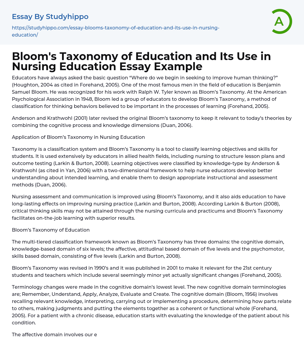 Bloom’s Taxonomy of Education and Its Use in Nursing Education Essay Example