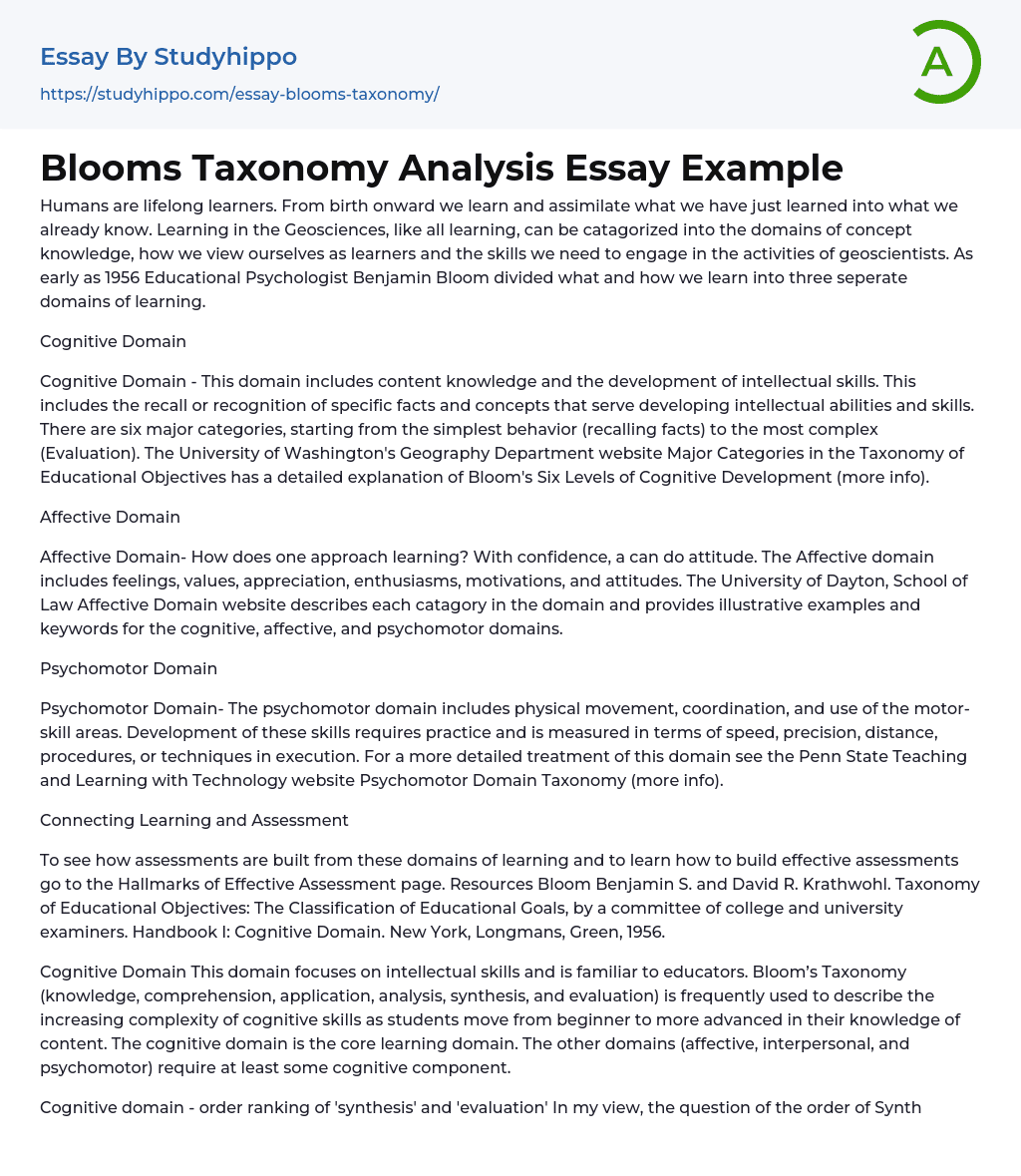 Blooms Taxonomy Analysis Essay Example
