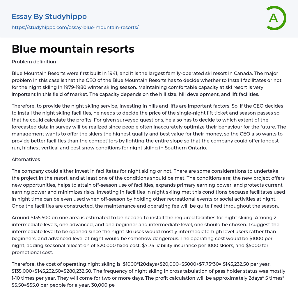 Blue mountain resorts Essay Example
