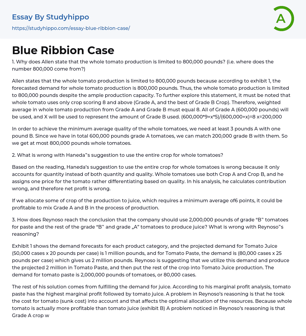 Blue Ribbion Case Essay Example