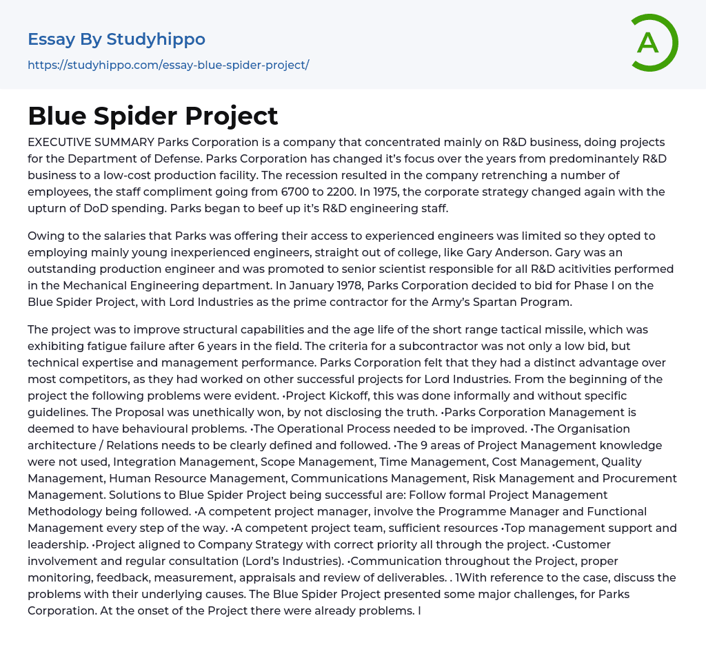 Blue Spider Project Essay Example