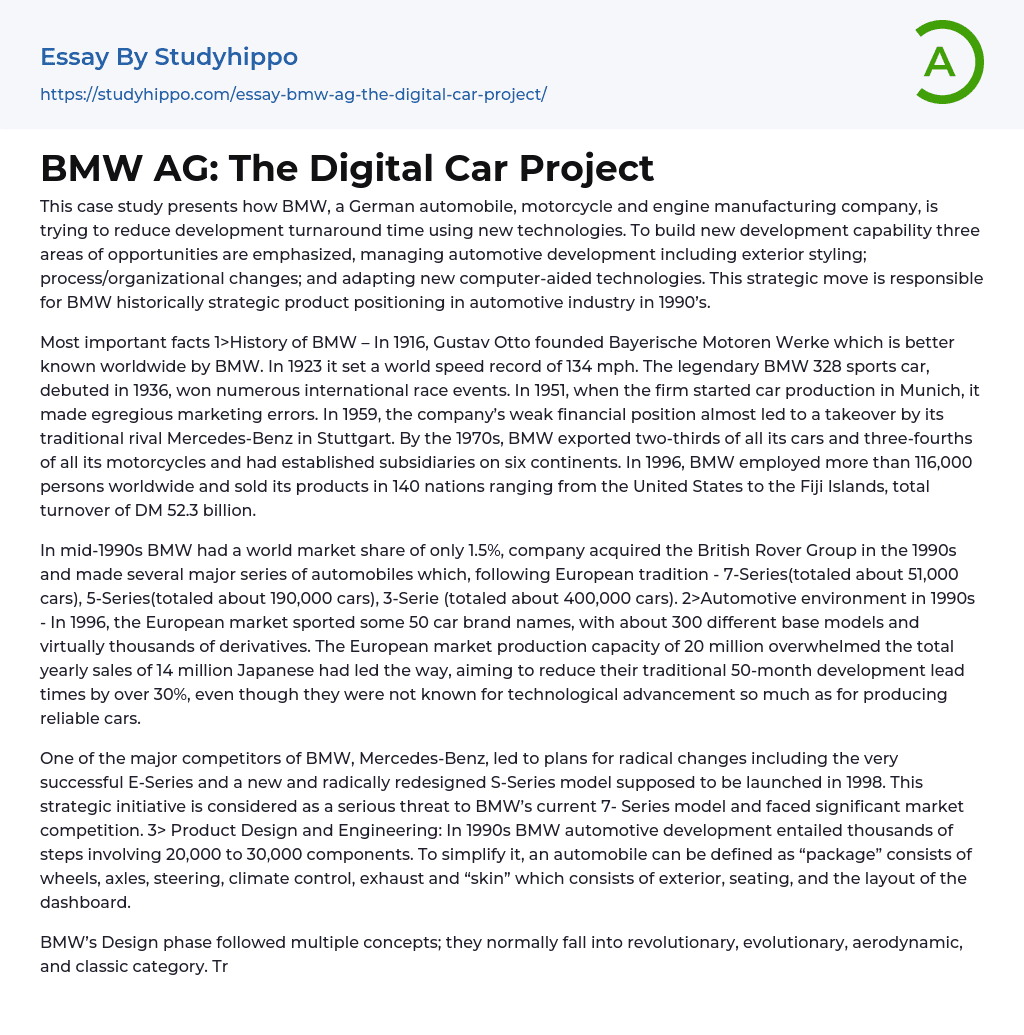 BMW AG: The Digital Car Project Essay Example