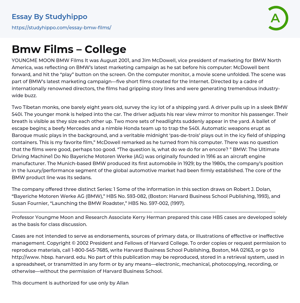 Youngme Moon BMW Films Essay Example