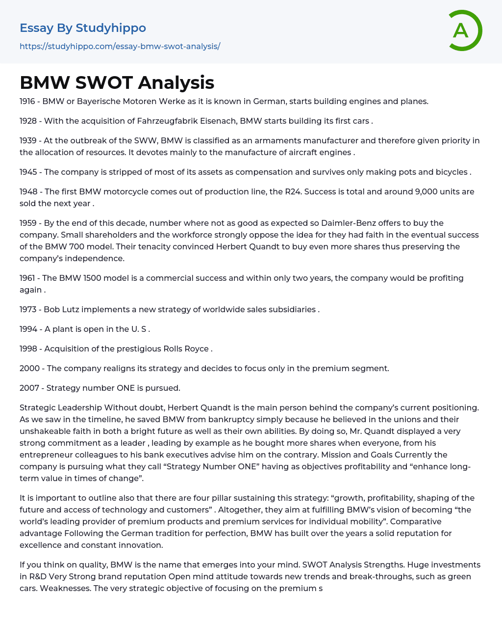 BMW SWOT Analysis Essay Example