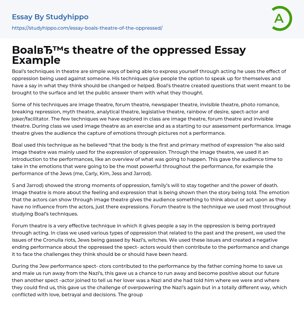 Boal’s theatre of the oppressed Essay Example
