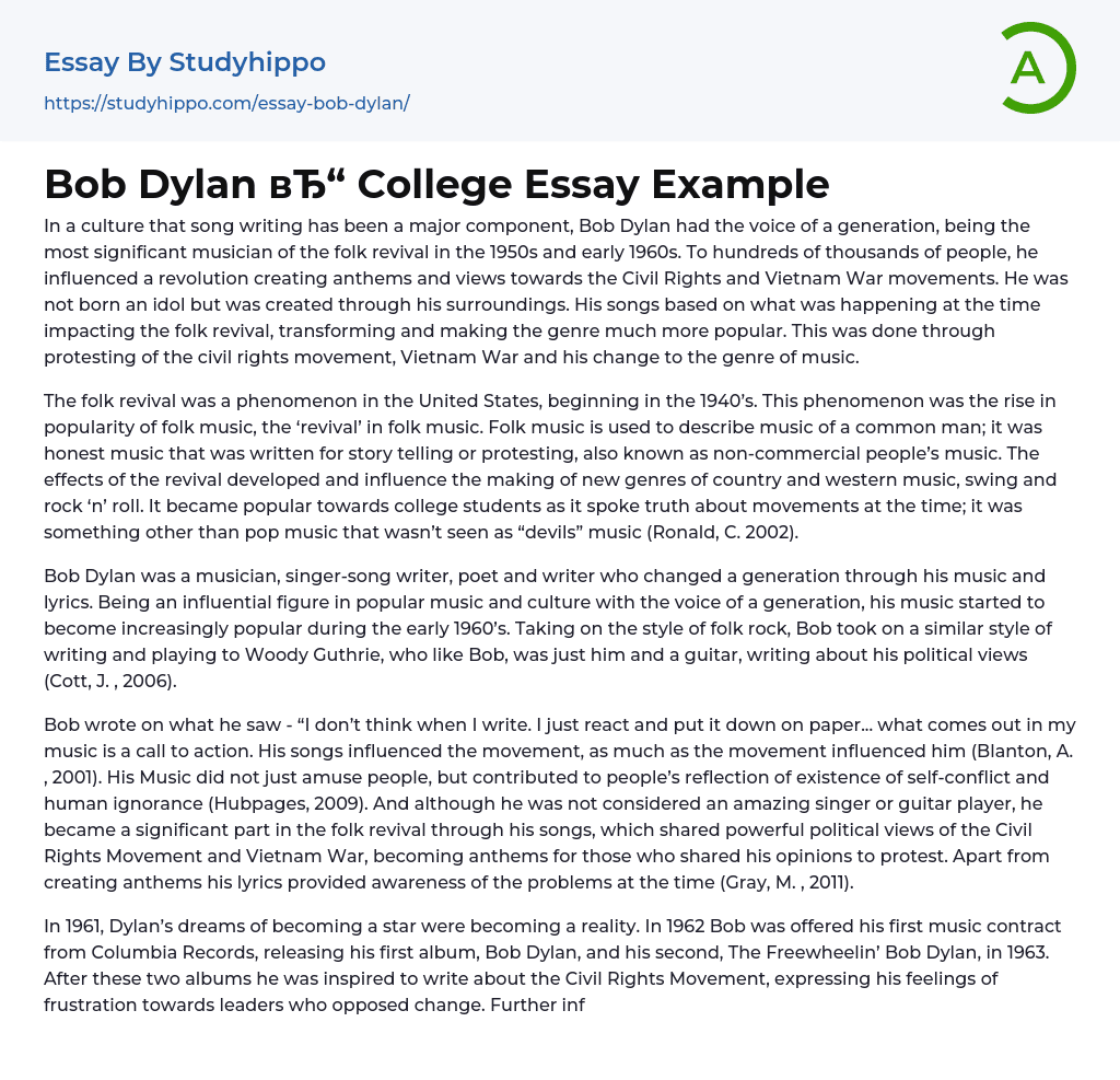 Bob Dylan College Essay Example