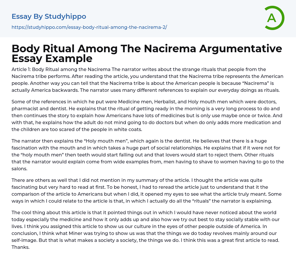 Body Ritual Among The Nacirema Argumentative Essay Example