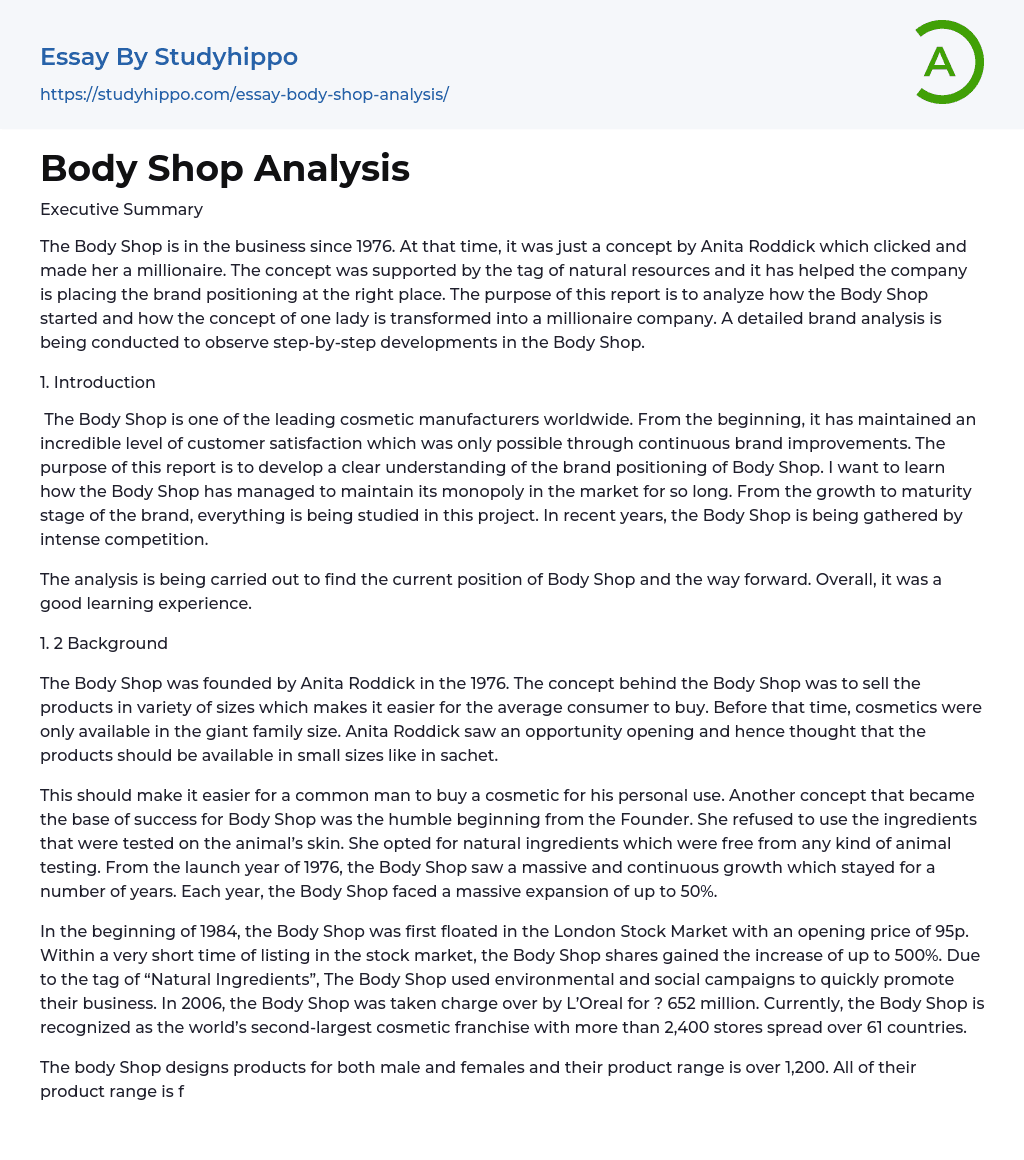 Body Shop Analysis Essay Example