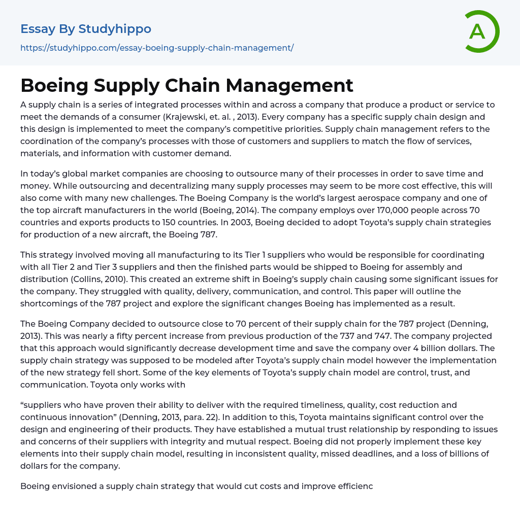 Boeing Supply Chain Management Essay Example