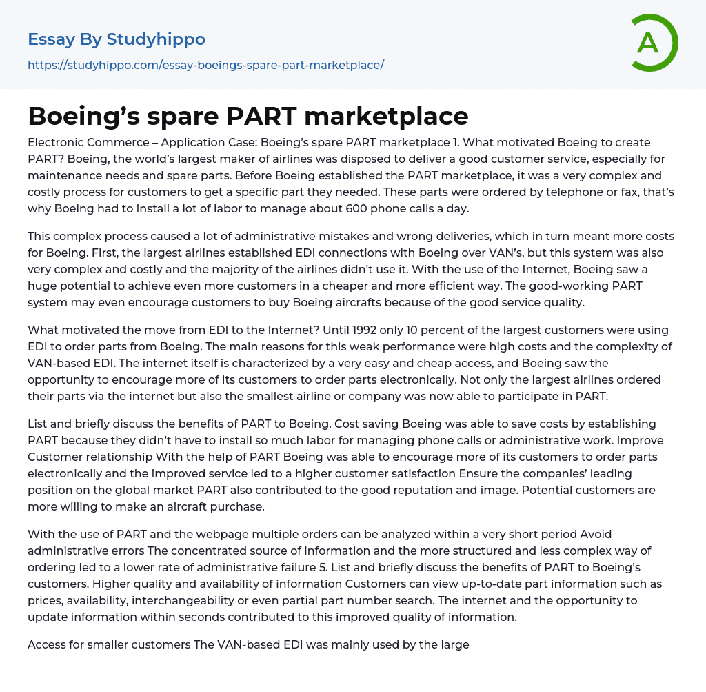 Boeing’s spare PART marketplace Essay Example