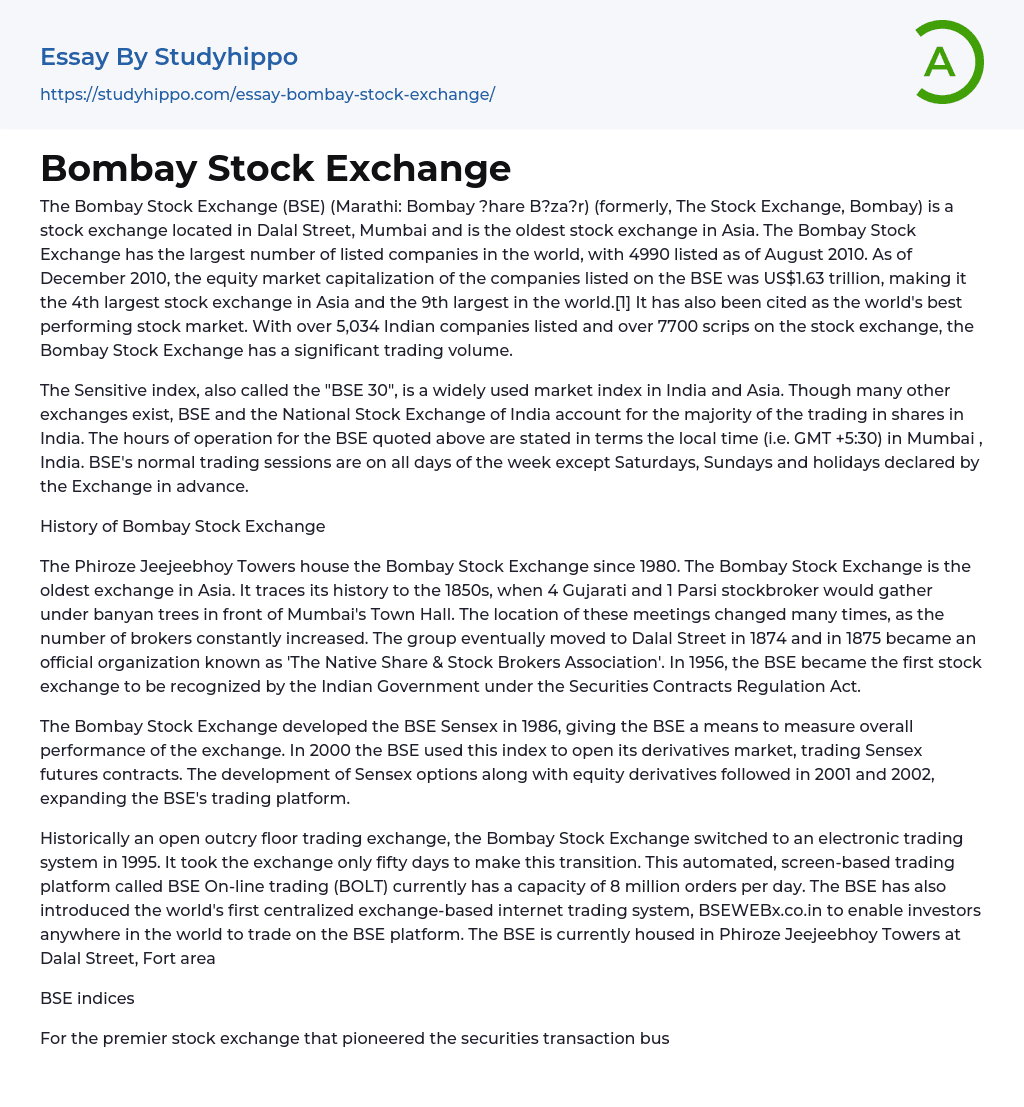 The Bombay Stock Exchange (BSE) Essay Example