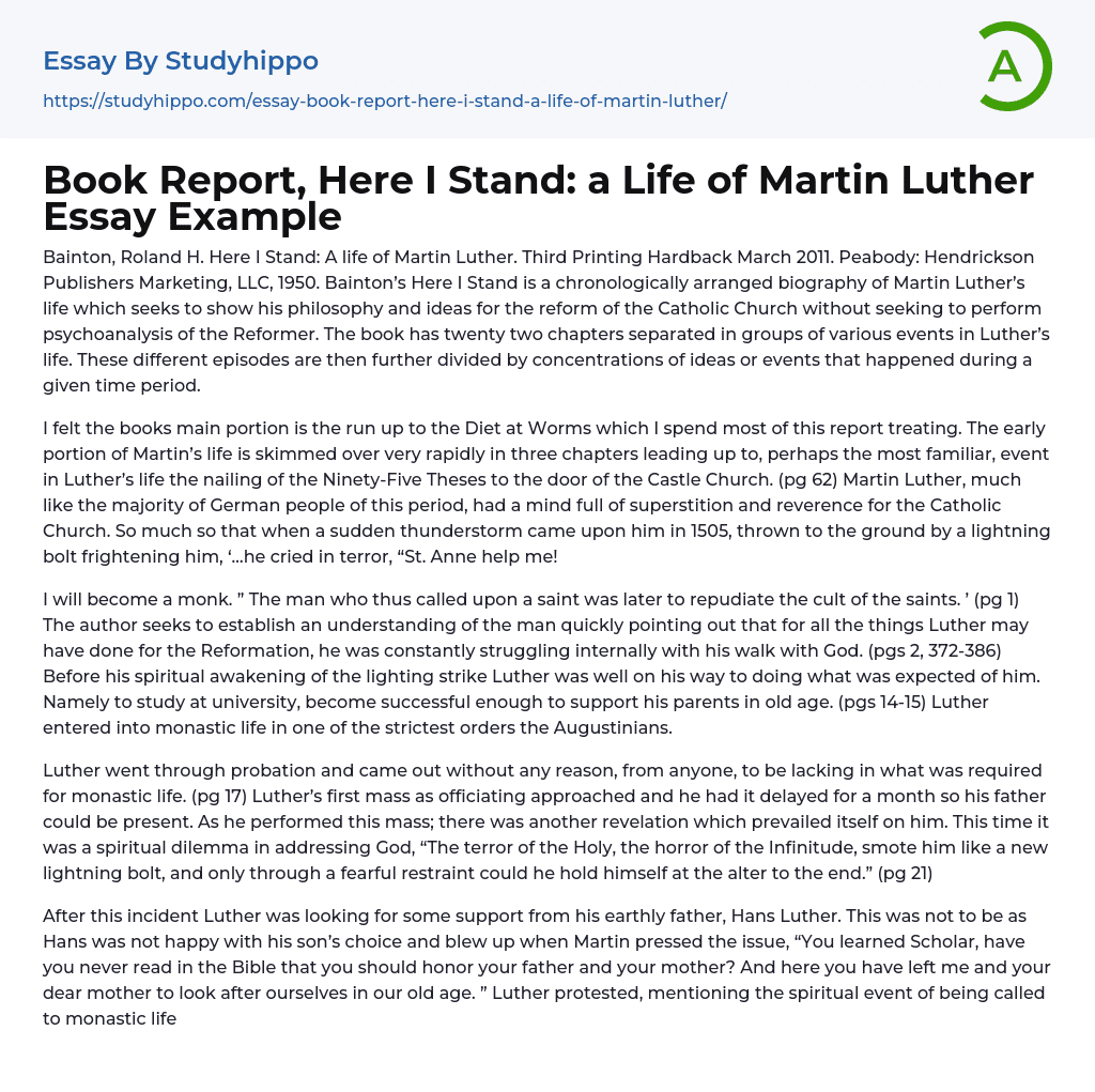 Book Report, Here I Stand: a Life of Martin Luther Essay Example