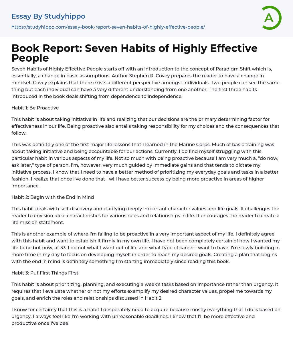 Book Report: Seven Habits of Highly Effective People Essay Example