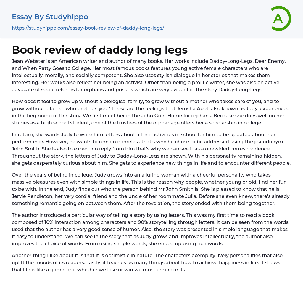 Book review of daddy long legs Essay Example