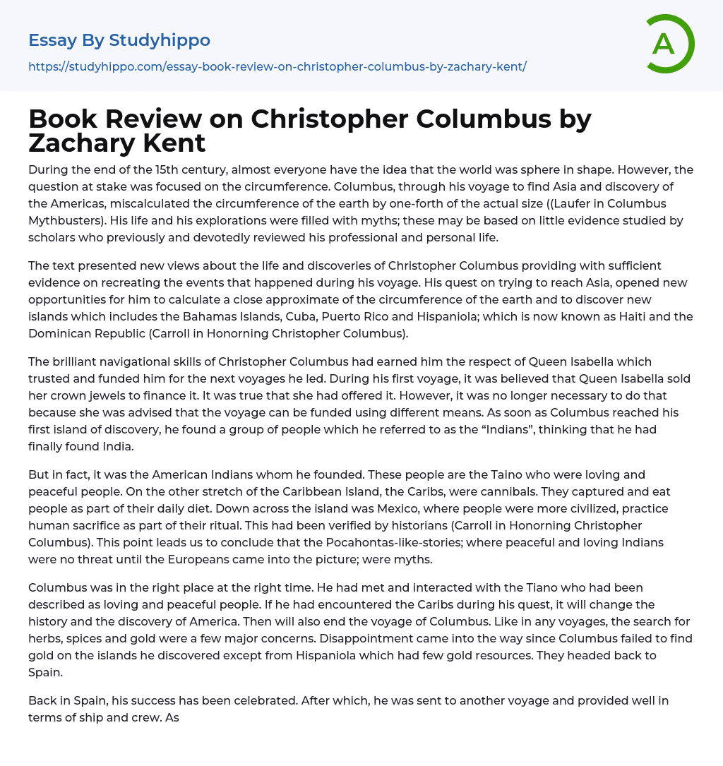 Book Review on Christopher Columbus by Zachary Kent Essay Example