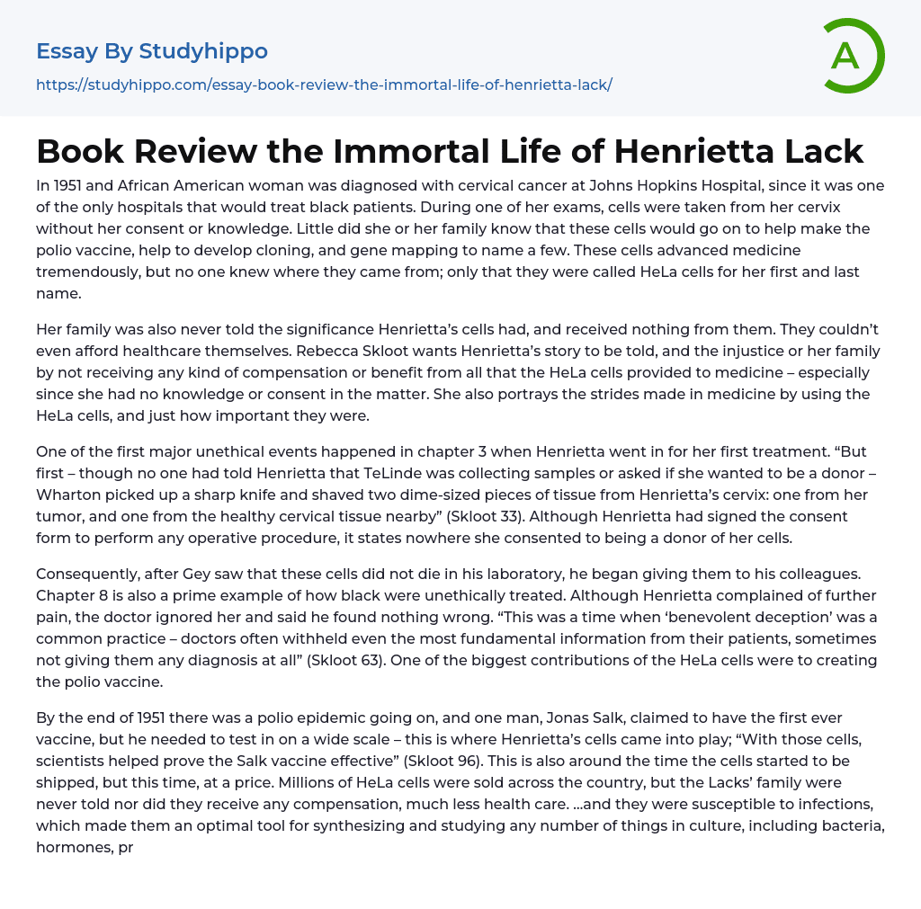 Book Review the Immortal Life of Henrietta Lack Essay Example