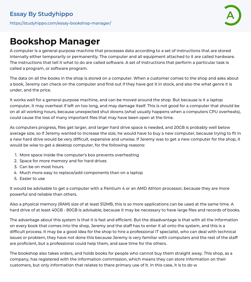 Bookshop Manager Essay Example