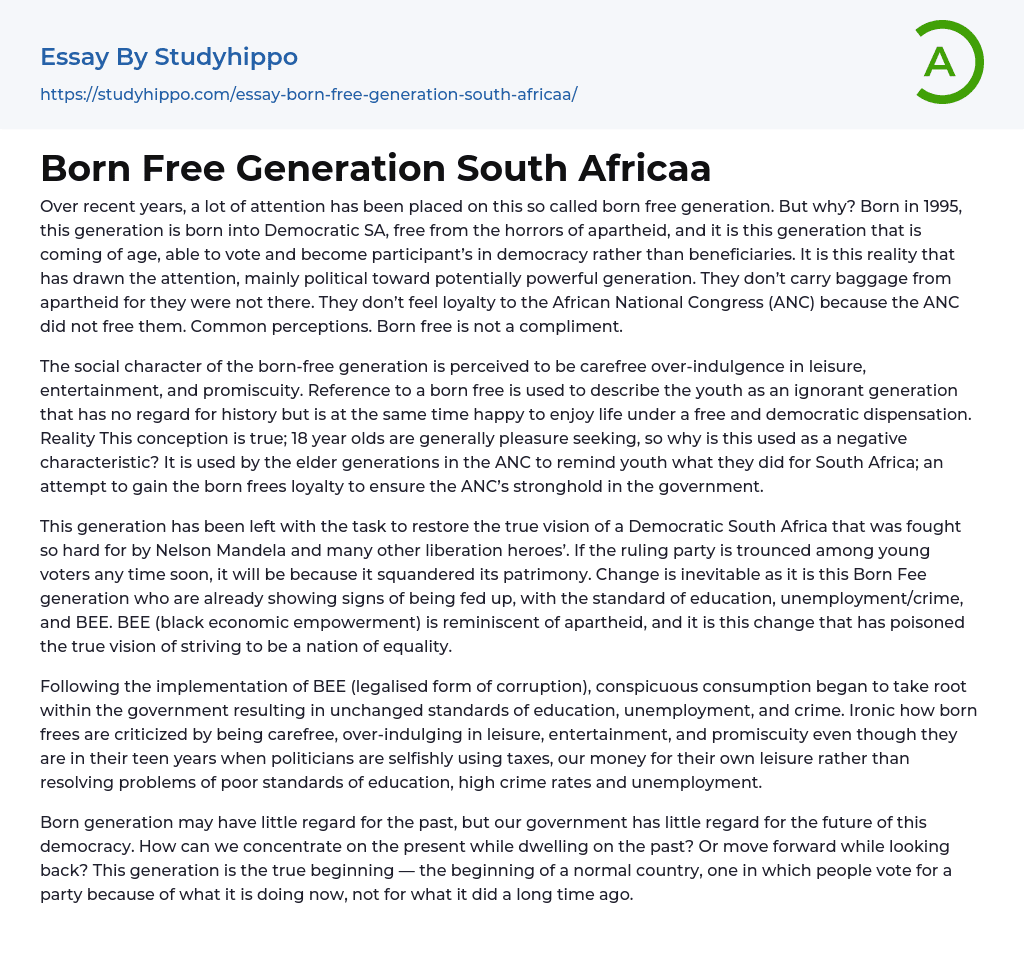 Born Free Generation South Africaa Essay Example