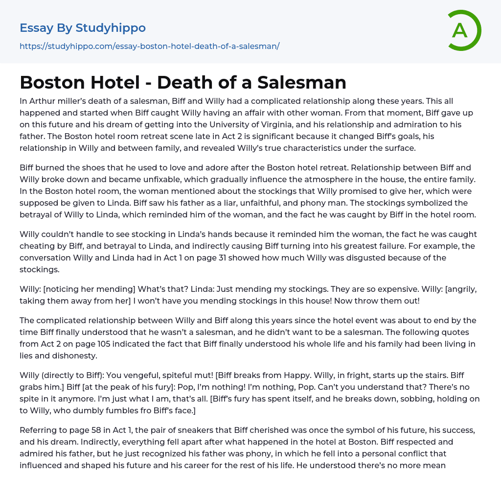 Boston Hotel – Death of a Salesman Essay Example