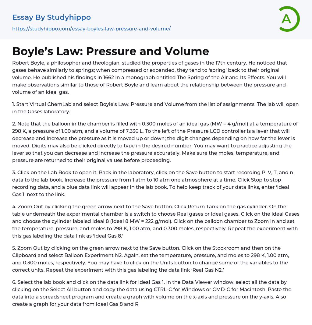 Boyle’s Law: Pressure and Volume Essay Example