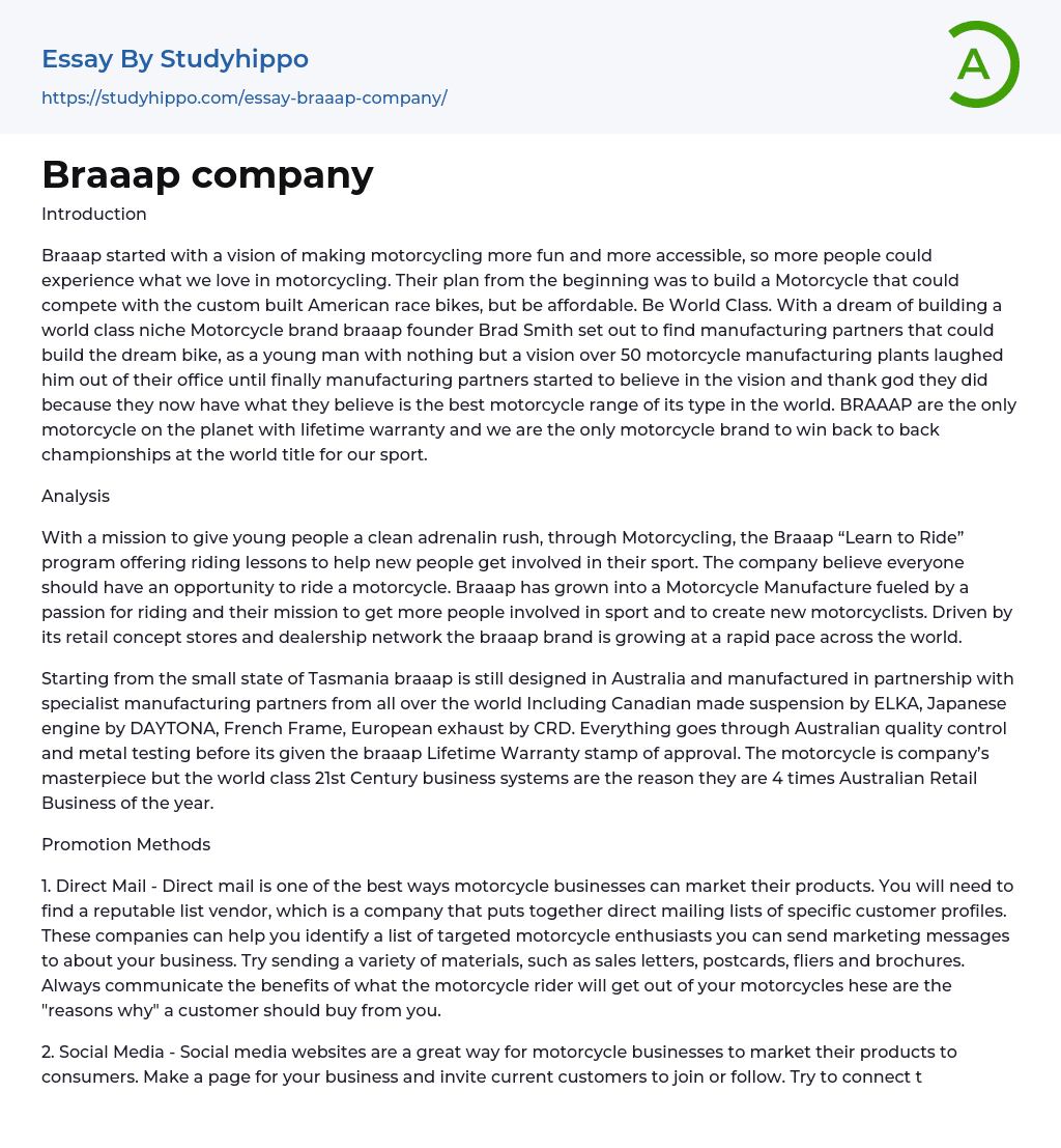Braaap company Essay Example