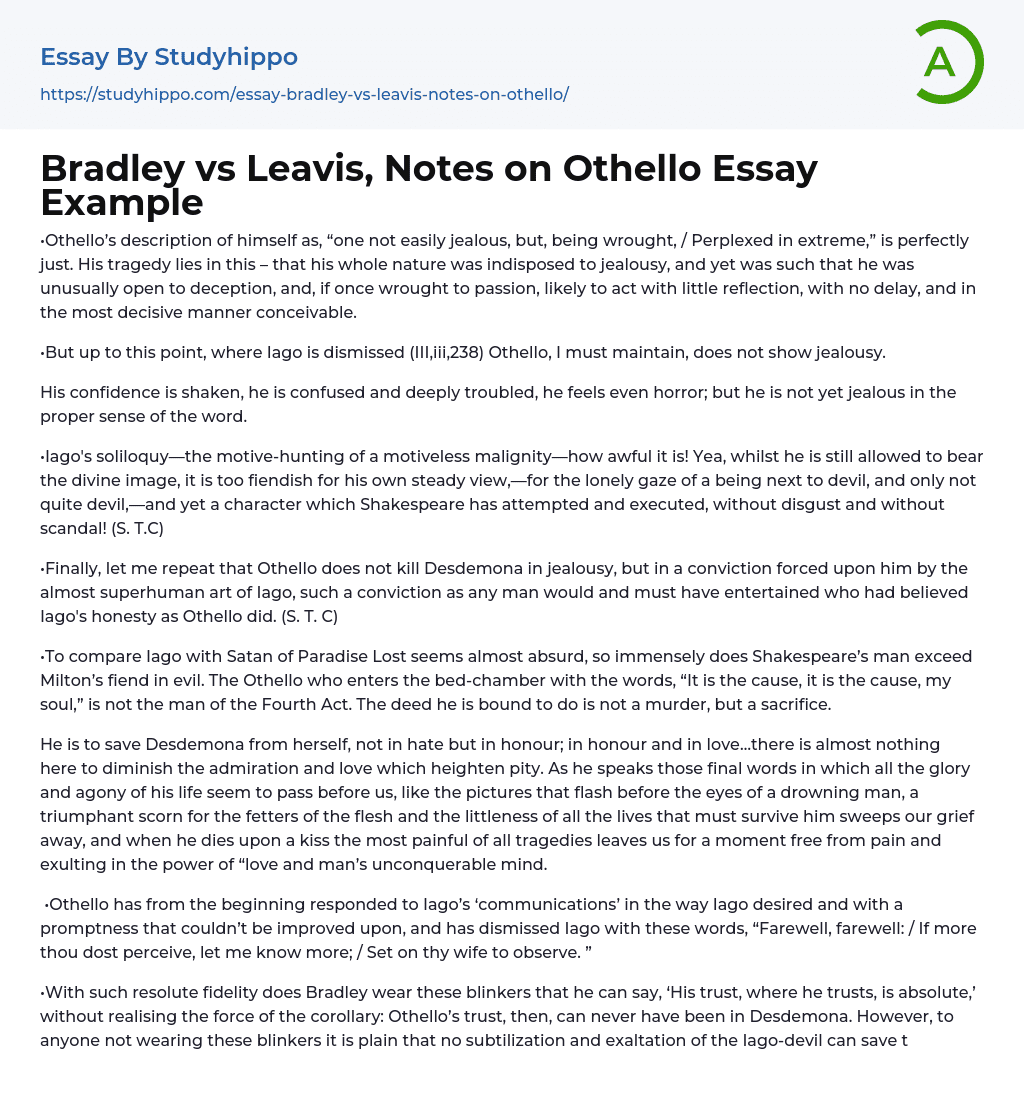 Bradley vs Leavis, Notes on Othello Essay Example