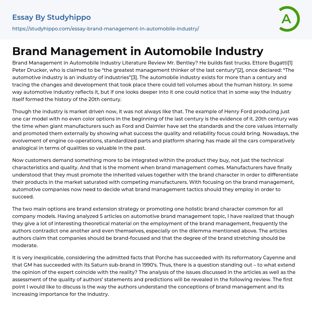 Brand Management in Automobile Industry Essay Example