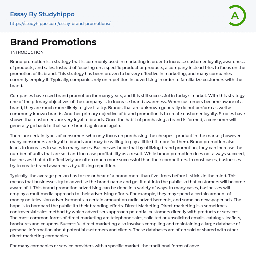Brand Promotions Essay Example