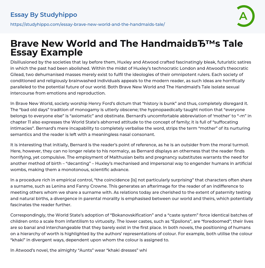 Brave New World and The Handmaid’s Tale Essay Example