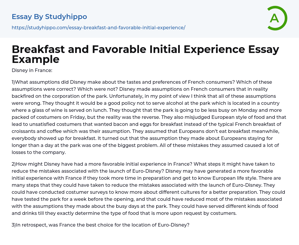 Breakfast and Favorable Initial Experience Essay Example