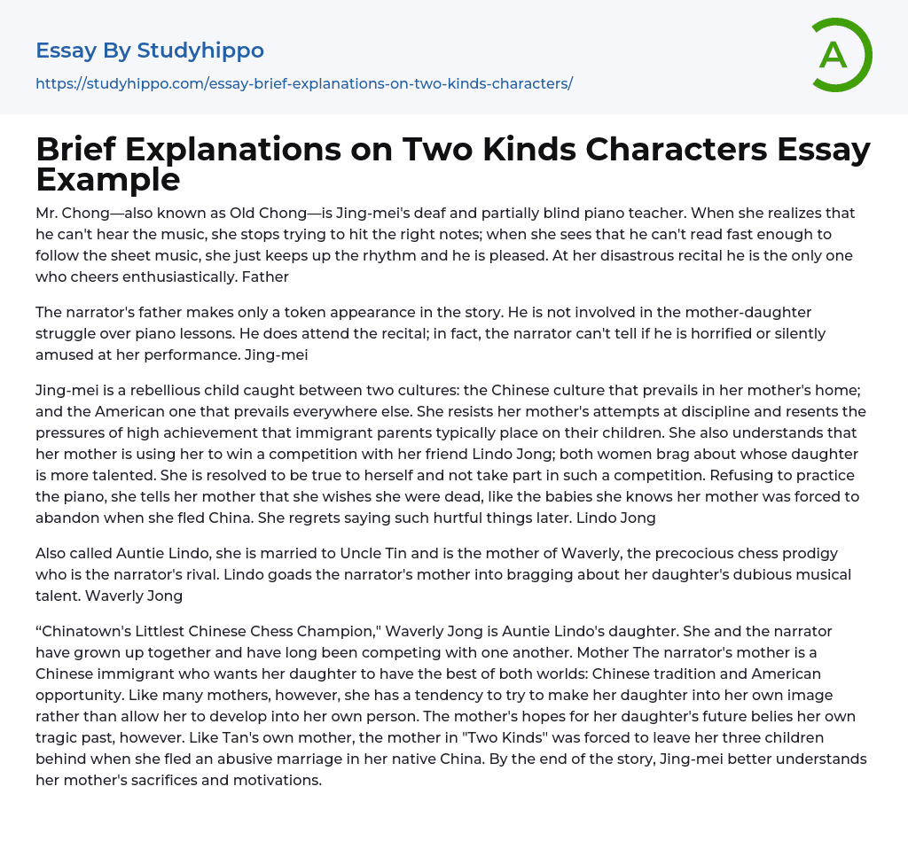 Brief Explanations on Two Kinds Characters Essay Example