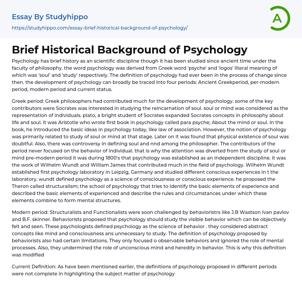 Brief Historical Background of Psychology Essay Example