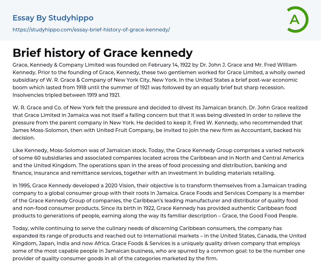 Brief history of Grace kennedy Essay Example