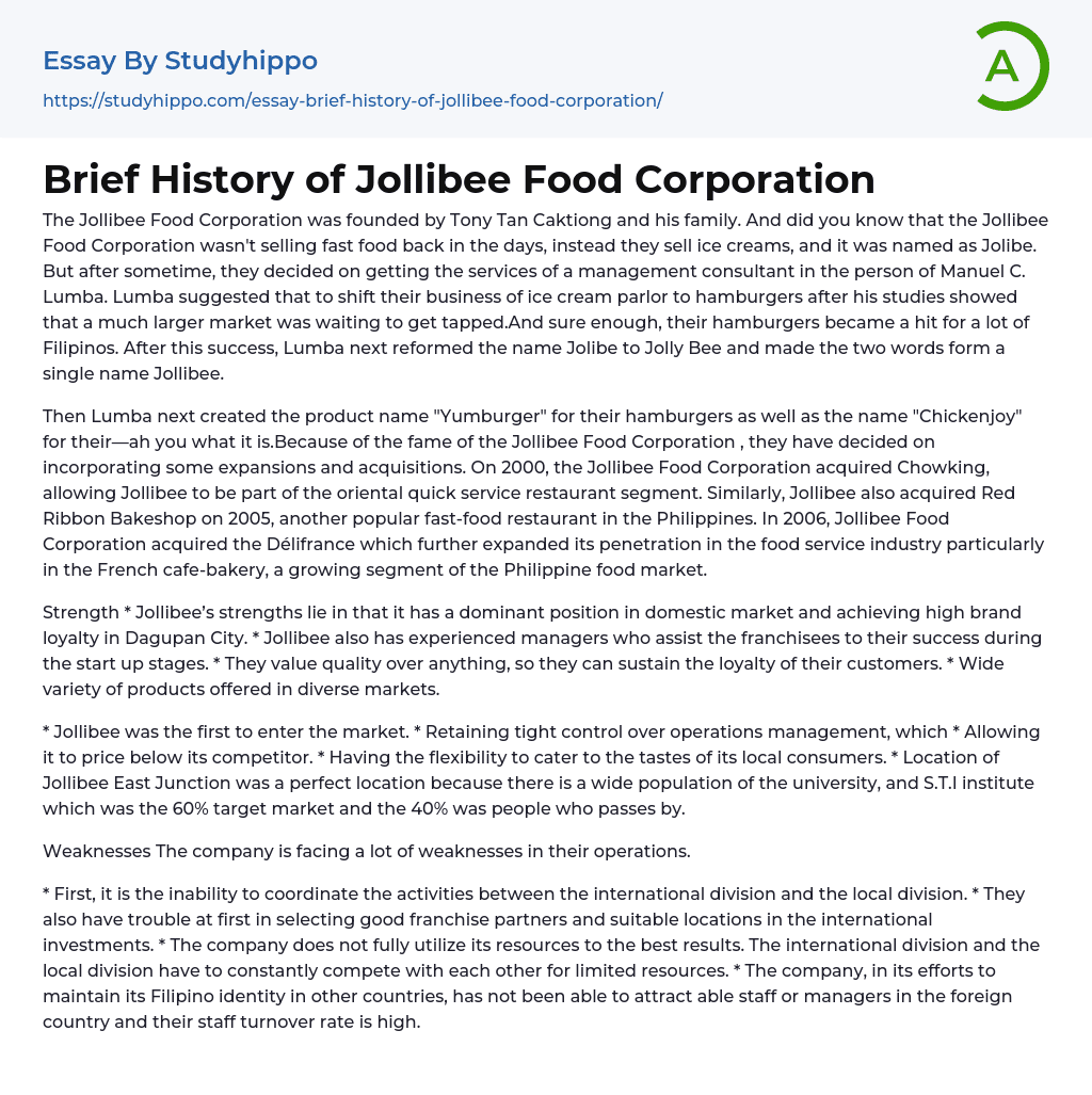 Brief History of Jollibee Food Corporation Essay Example