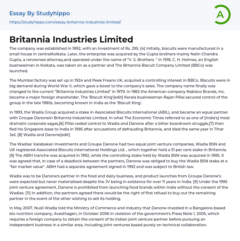 Britannia Industries Limited Essay Example