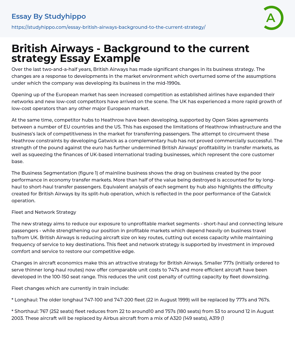 British Airways – Background to the current strategy Essay Example