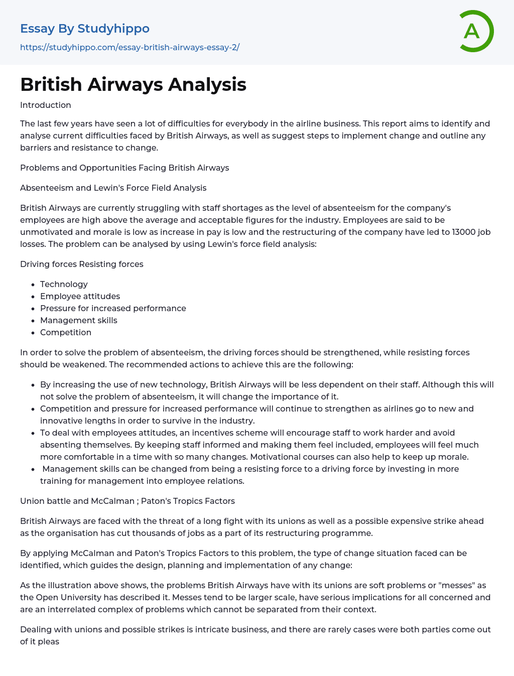 British Airways Analysis Essay Example