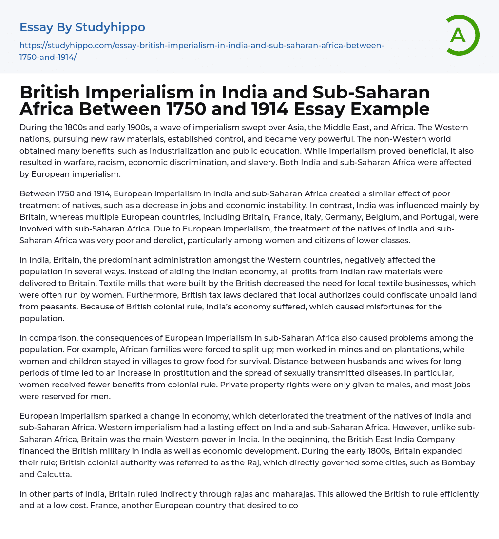 British Imperialism in India and Sub-Saharan Africa Between 1750 and 1914 Essay Example