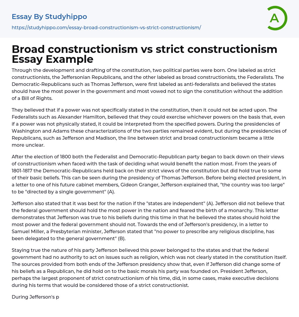 Broad constructionism vs strict constructionism Essay Example