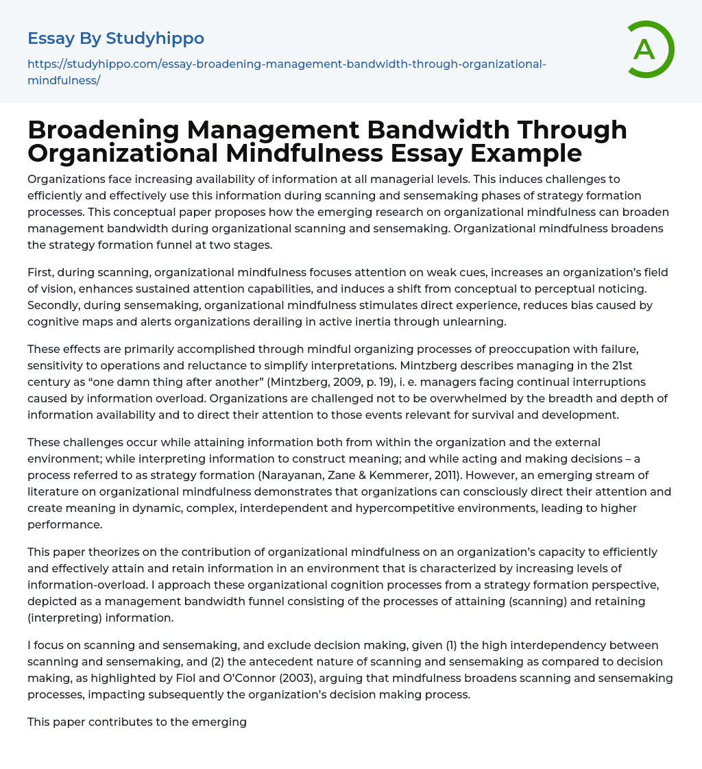 Broadening Management Bandwidth Through Organizational Mindfulness Essay Example