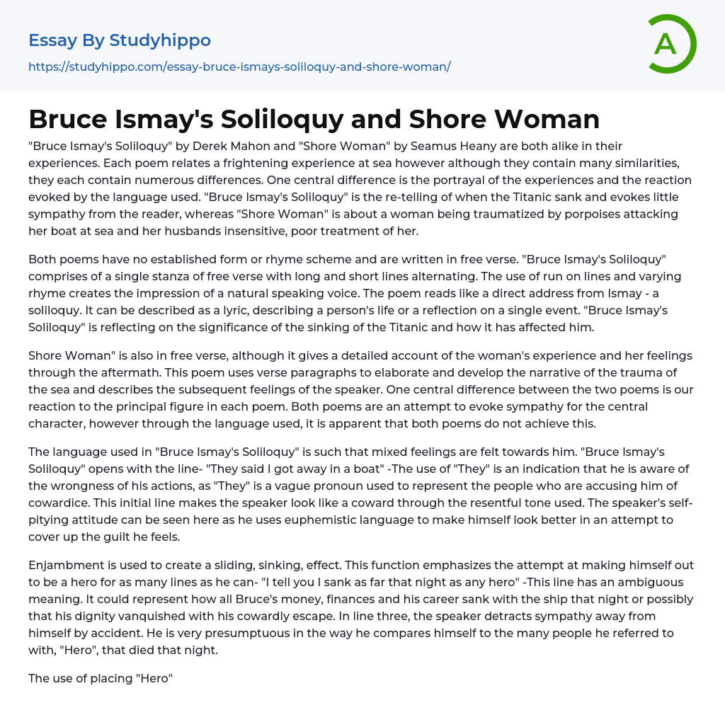 Bruce Ismay’s Soliloquy and Shore Woman Essay Example