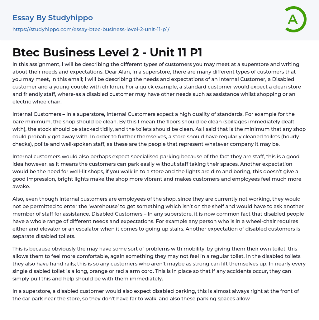 Btec Business Level 2 – Unit 11 P1 Essay Example