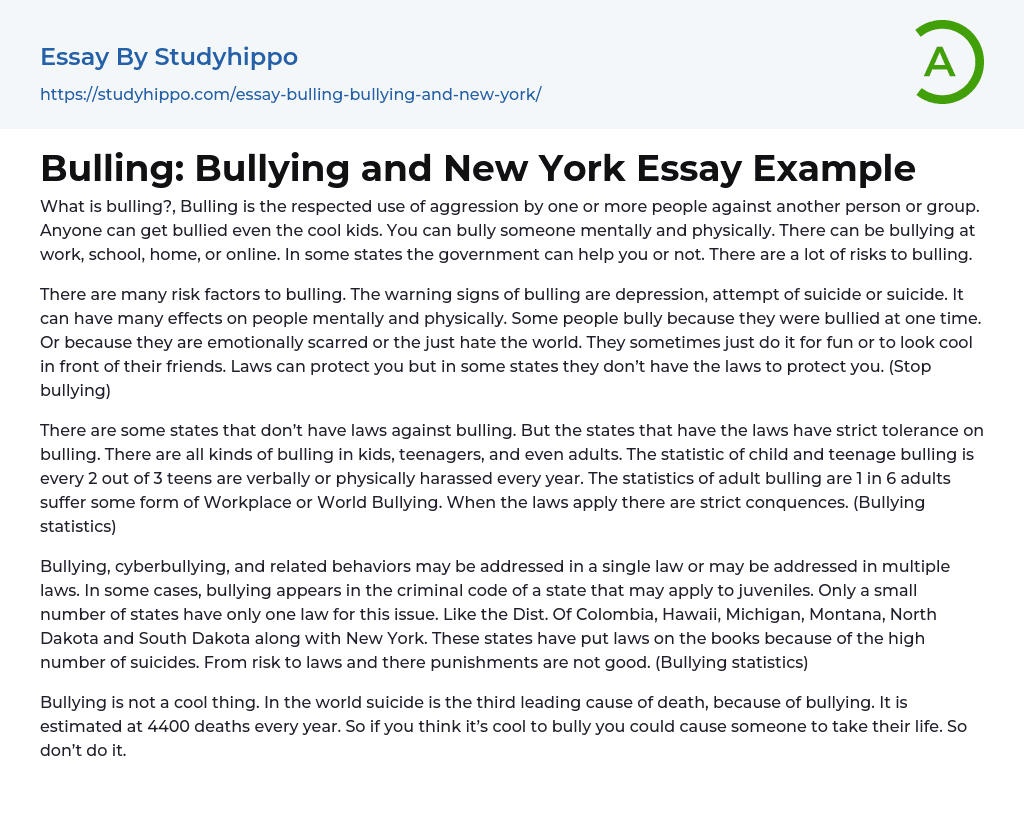 Bulling: Bullying and New York Essay Example
