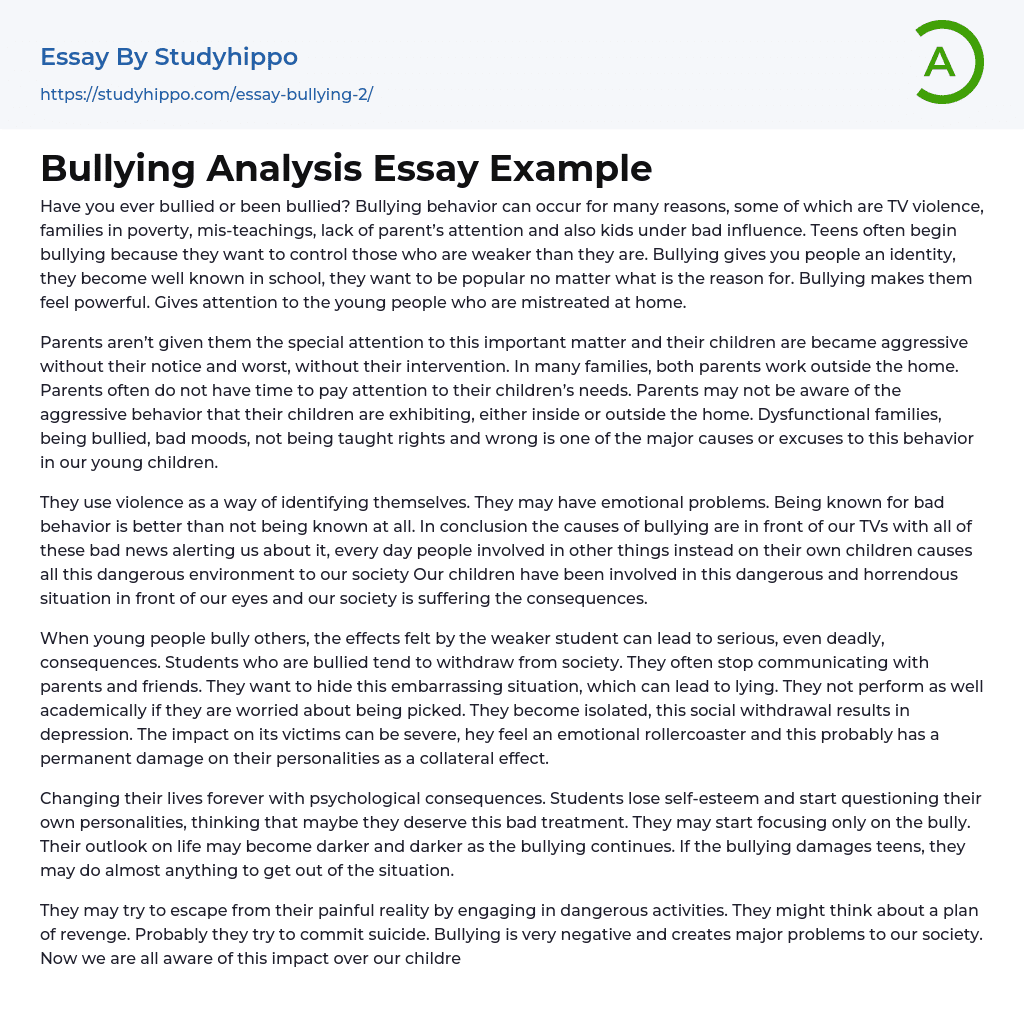 Bullying Analysis Essay Example