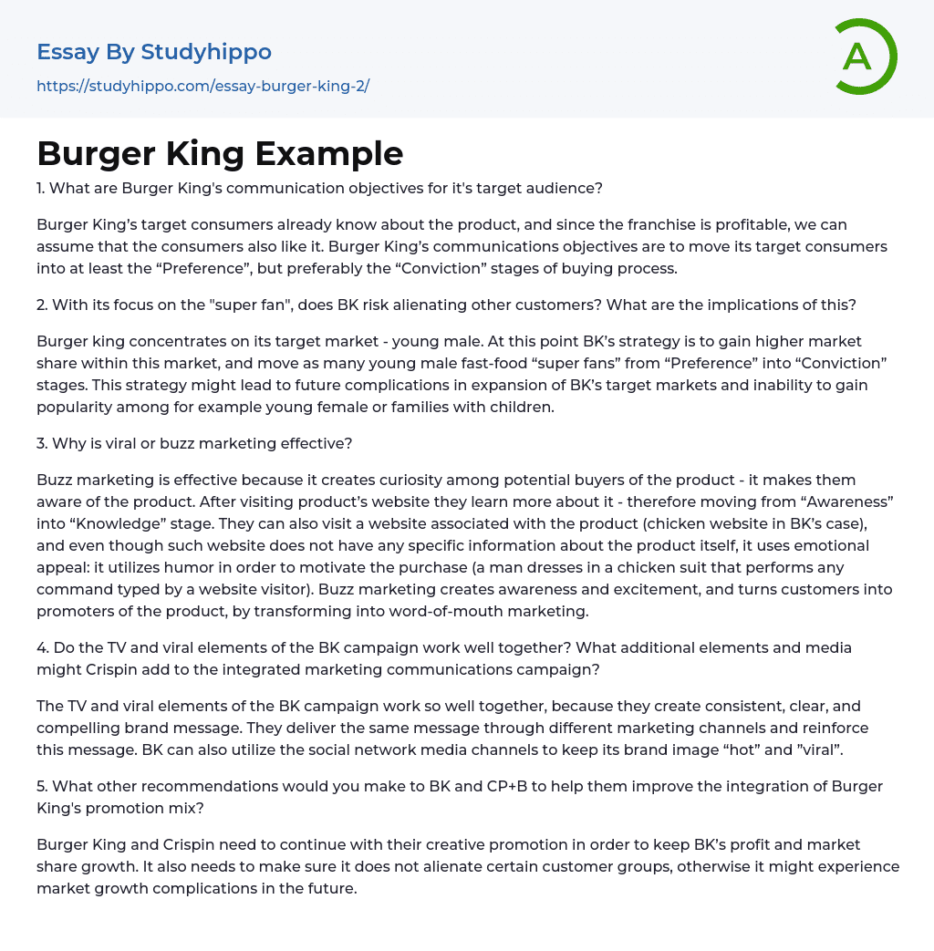 Burger King Example Essay Example