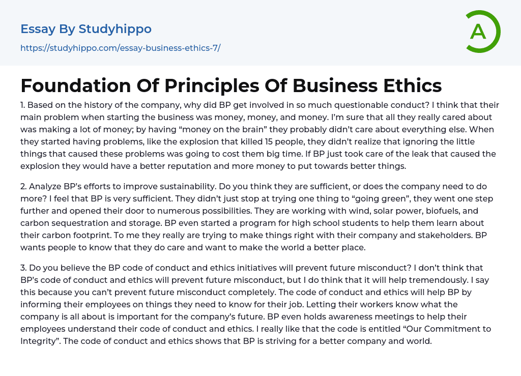 Foundation Of Principles Of Business Ethics Essay Example